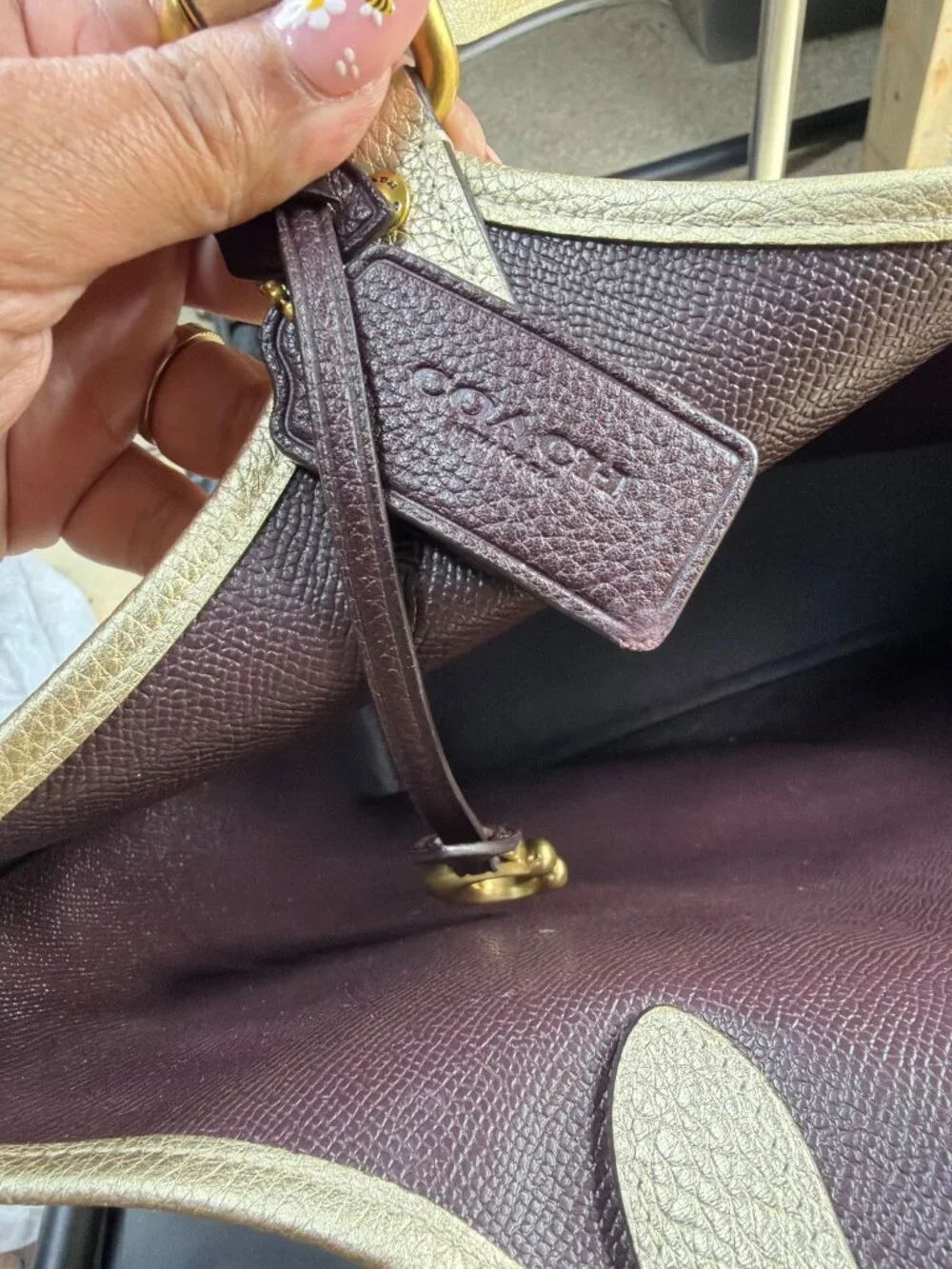 Coach Metallic Gold Pebbled Leather Open Tote Shoulder Bag Womens Charm Purse